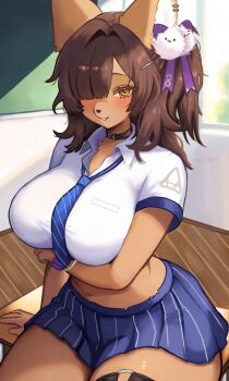 1girl animal_ear_fluff animal_ears animal_nose arm_under_breasts artist_name blue_necktie blue_skirt blush breasts brown_eyes brown_fur brown_hair choker collared_shirt commentary cropped_shirt desk furry furry_female goddess_of_victory:_nikke hair_over_one_eye highres large_breasts long_hair looking_at_viewer mole mole_under_mouth naga_(nikke) navel necktie on_desk pleated_skirt school_desk school_uniform shirt sitting skirt smile solo thick_thighs thigh_strap thighs valleedolla white_shirt