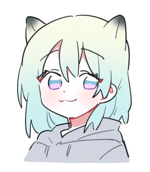 1girl :3 animal_ears aqua_hair blue_archive cat_ears closed_mouth cropped_torso drawstring gradient_hair green_hair grey_hoodie highres hood hood_down hoodie looking_at_viewer medium_hair multicolored_eyes multicolored_hair portrait purple_eyes shigure_(blue_archive) simple_background smile solo tamago_bororo upper_body virtual_youtuber weasel_ears white_background