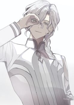 Rule 34 | 1boy, braid, braided ponytail, fate/grand order, fate (series), grey eyes, hair between eyes, hair over shoulder, highres, jacket, kusuri 03, long hair, long sleeves, looking at viewer, male focus, marisbury animusphere, simple background, single braid, solo, upper body, white background, white hair, white jacket