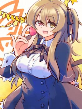 Rule 34 | 1girl, :d, arm behind back, assault lily, black capelet, black ribbon, black skirt, breasts, brown hair, buttons, capelet, collared shirt, cowboy shot, detached sleeves, digamma, food, frilled sleeves, frills, fruit, gradient background, hair between eyes, hair ribbon, hand up, hashtag-only commentary, heterochromia, high-waist skirt, highres, holding, holding food, holding fruit, jewelry, kuo shenlin, large breasts, long hair, long sleeves, looking at viewer, neck ribbon, one side up, open mouth, pink eyes, ribbon, ring, school uniform, shirt, sidelocks, skirt, smile, solo, standing, star (symbol), strawberry, string of flags, two-tone background, white background, yellow background, yellow eyes, yurigaoka girls academy school uniform