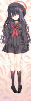 1girl arikawa_satoru beret black_choker black_gloves black_hair black_hat black_sailor_collar black_serafuku black_shirt black_shoes black_skirt black_socks blue_archive choker commentary_request covered_eyes dakimakura_(medium) full_body gloves hair_over_eyes halo hat highres justice_task_force_member_(blue_archive) kneehighs long_bangs long_hair long_sleeves lying neckerchief on_back red_halo red_neckerchief sailor_collar school_uniform serafuku shirt shoes skirt socks solo upper_body