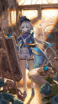 1girl ahoge analog_clock ascot blue_ascot blue_eyes blue_hair blue_hat blue_jacket brooch bug butterfly canvas_(object) clock closed_mouth commentary_request cup drop-shaped_pupils easel facing_viewer flower full_body furina_(genshin_impact) genshin_impact grandfather_clock hair_between_eyes hat heterochromia highres holding holding_paint_palette holding_paintbrush hydro_symbol_(genshin_impact) indoors insect jacket jewelry light_rays long_hair long_sleeves mismatched_pupils multicolored_hair ouji_fashion paint_palette paintbrush painting_(action) peachumi picture_frame portrait_(object) saucer shoes shorts solo streaked_hair sunbeam sunlight symbol-shaped_pupils table tea_set teacup teapot very_long_hair vision_(genshin_impact) white_shorts window