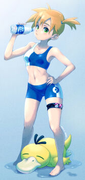 1girl bare_arms barefoot bike_shorts bikini bikini_shorts blue_bikini blue_shorts blue_sports_bra blush bottle breasts closed_mouth collarbone eyelashes full_body gen_1_pokemon green_eyes hair_tie hand_on_own_hip hand_up holding holding_bottle knees looking_at_viewer misty_(pokemon) navel nintendo orange_hair poke_ball poke_ball_(basic) pokemon pokemon_(anime) pokemon_(classic_anime) pokemon_(creature) pokemon_rgby ponytail psyduck short_hair shorts side_ponytail small_breasts solo sports_bra standing swimsuit thigh_strap toes water water_bottle