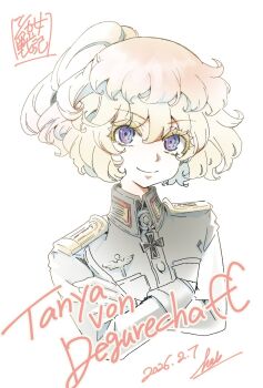 Rule 34 | 1girl, 2026, blonde hair, character name, commentary request, cross, crossed arms, dated, hal (goshujinomocha), highres, iron cross, looking at viewer, military, military uniform, purple eyes, short hair, shoulder boards, simple background, smile, solo, tanya degurechaff, tanya degurechaff (manga), upper body, white background, youjo senki