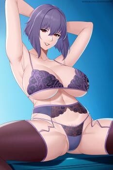 1girl aslindsamure bra breasts ghost_in_the_shell highres kusanagi_motoko large_breasts panties purple_hair red_eyes short_hair smile underwear