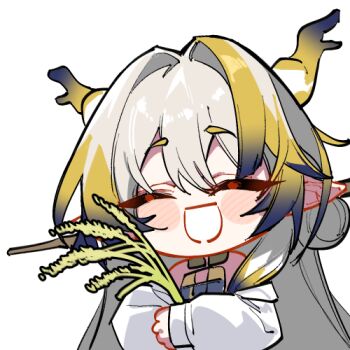 1girl :d ^_^ antlers arknights bare_shoulders blue_hair blush_stickers brown_hair chibi closed_eyes commentary facing_viewer gradient_hair grey_hair hair_between_eyes hair_intakes horns hugging_object jacket kinbakuman long_hair long_sleeves lowres multicolored_hair open_mouth pointy_ears puffy_long_sleeves puffy_sleeves rice_(plant) shu_(arknights) simple_background smile solo symbol-only_commentary thick_eyebrows two-tone_hair upper_body white_background white_jacket