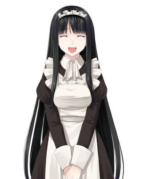 1girl :d ^_^ alternate_costume apron black_dress closed_eyes commentary_request cowboy_shot crote dress enmaided facing_viewer furrowed_brow highres hime_cut houraisan_kaguya juliet_sleeves large_variant_set long_hair long_sidelocks long_sleeves maid maid_apron maid_headdress open_mouth own_hands_together puffy_sleeves sidelocks sleeve_cuffs smile solo standing tachi-e teeth touhou transparent_background upper_teeth_only variant_set very_long_hair white_apron white_headdress