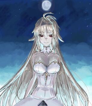 1girl archetype_earth arcueid_brunestud bare_shoulders blonde_hair blue_skirt breasts cleavage cloud cloudy_sky commentary_request dress facing_viewer full_moon gold_trim hair_between_eyes hair_intakes huge_breasts long_hair looking_at_viewer moon night red_eyes skirt sky smile star_(sky) starry_sky tsukihime tsukihime_(remake) very_long_hair white_dress yuneko243