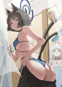 2girls absurdres animal_ears ass ass_focus bed_sheet bikini black_bikini black_hair black_skirt black_tail blue_archive blue_bikini blue_halo blue_tail braid breasts bright_pupils cat_ears cat_girl cat_tail closed_mouth clothes_pull colored_eyelashes from_behind gradient_tail halo highres jewelry kikyou_(blue_archive) kikyou_(swimsuit)_(blue_archive) layered_bikini looking_at_viewer mahou_gnome medium_breasts multiple_girls multiple_tails nagusa_(blue_archive) nagusa_(swimsuit)_(blue_archive) necklace official_alternate_costume sheet_grab single_braid skirt skirt_pull solo_focus star_(symbol) star_necklace sweat swimsuit tail two_tails undressing white_bikini white_hair white_pupils