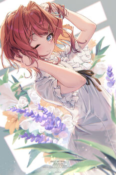 Rule 34 | alternate costume, ange katrina, arms up, artist name, black ribbon, blue eyes, blurry, blush, breasts, character name, closed mouth, commentary request, copyright name, dated, depth of field, dutch angle, english text, eyelashes, flower, frilled nightgown, from side, hair intakes, hair ornament, hairclip, hands in own hair, highres, kuro-kun (nablack), light particles, looking at viewer, looking to the side, medium hair, nightgown, nijisanji, one eye closed, orange flower, plant, purple flower, red hair, ribbon, short sleeves, sleepwear, small breasts, triangle hair ornament, upper body, virtual youtuber, watermark, web address, white flower, white nightgown