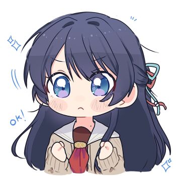 Rule 34 | >:(, 1girl, blue eyes, blue hair, blue ribbon, blush, brown cardigan, brown dress, cardigan, chibi, chibi only, clenched hands, closed mouth, col person, commentary, dress, frown, hair ribbon, half updo, hashtag-only commentary, hasu no sora school uniform, highres, link! like! love live!, long hair, long sleeves, love live!, mole, mole on neck, murano sayaka, neckerchief, open cardigan, open clothes, red neckerchief, red ribbon, ribbon, sailor collar, sailor dress, school uniform, simple background, solo, sparkle, v-shaped eyebrows, virtual youtuber, white background, white sailor collar, winter uniform