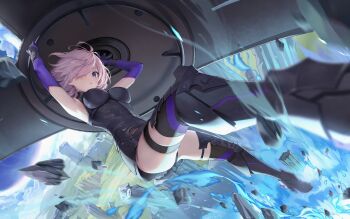 1girl absurdres armored_boots armored_leotard armpits arms_up ars_almadel_salomonis_(fate) blurry boots breasts commentary_request debris depth_of_field douya_(yaomiaomiao) fate/grand_order fate_(series) floating hair_over_one_eye hat highres holding holding_shield large_breasts leotard looking_at_viewer mash_kyrielight mash_kyrielight_(demi-servant) open_mouth outdoors pink_hair purple_eyes shield short_hair skindentation solo thick_thighs thigh_strap thighs