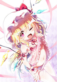1girl ;d akaneya alternate_costume blonde_hair camisole clothes_lift clothes_pull detached_collar fang female_focus flandre_scarlet has_bad_revision hat hat_ribbon lifting_own_clothes loli long_hair looking_at_viewer md5_mismatch mob_cap navel no_panties one_eye_closed open_mouth pantyhose pantyhose_pull pink_eyes pulling_own_clothes red_ribbon ribbon smile solo touhou white_pantyhose wings wrist_cuffs