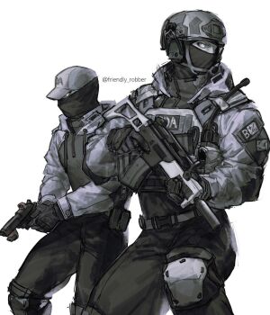 2boys assault_rifle balaclava baseball_cap black_gloves black_pants colored_skin gloves grey_hat grey_helmet grey_jacket grey_skin gun handgun hat helmet holding holding_gun holding_weapon jacket knee_pads korean_commentary looking_to_the_side military multiple_boys pants rifle roblox scout_(tower_defense_x) simple_background t4p4k4h tower_defense_x v-shaped_eyebrows weapon