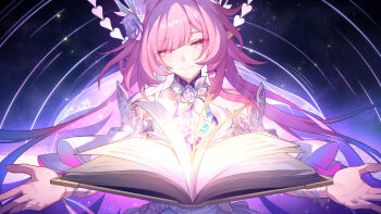 1girl absurdres aqua_hair bad_link bare_shoulders book closed_mouth cyrene_(honkai:_star_rail) cyrene_(ripples_of_past_reverie)_(honkai:_star_rail) diamond-shaped_pupils diamond_(shape) dress flower gradient_hair hair_flower hair_ornament highres honkai:_star_rail honkai_(series) long_hair multicolored_hair official_art open_book pink_hair pointy_ears purple_eyes sky smile solo star_(sky) starry_sky symbol-shaped_pupils white_dress