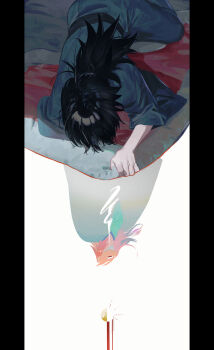 2boys absurdres black_hair blue_robe clenched_hand hair_over_eyes highres japanese_clothes kimetsu_no_yaiba long_hair looking_at_another low_ponytail lying male_focus mask moutghn multiple_boys on_stomach pale_skin ponytail red_hair robe sabito_(kimetsu) standing tomioka_giyuu white_background wide_sleeves