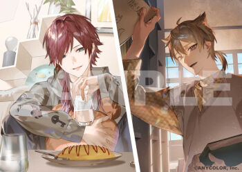 2boys :d animal-shaped_pillow bed black_pants book bookshelf brown_eyes brown_hair brown_sweater_vest collarbone copyright_notice cup day drinking_glass feet_out_of_frame food from_side fushimi_gaku green_eyes grey_hoodie hair_between_eyes hair_flaps hair_intakes hair_over_one_eye hair_over_shoulder hand_up holding holding_book holding_cup holding_pillow hood hood_down hoodie indoors ketchup knees_up lauren_iroas light_particles long_hair long_sleeves looking_at_viewer looking_to_the_side low_ponytail male_focus medium_hair mole mole_under_eye multiple_boys muntins nijisanji official_art omelet omurice open_mouth pants parted_lips patterned_clothing picture_frame pillow plant plate ponytail print_hoodie red_hair sample_watermark serita_jon shelf shirt sideways_glance smile split_screen spoon straight-on sweater_vest table upper_body vase virtual_youtuber water watermark window yagasuri yellow_shirt