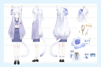 absurdres animal_ears black_shoes blue_eyes blue_ribbon cat_ears cat_girl cat_tail chinese_commentary commentary_request earrings headscarf highres jewelry long_hair original profile ribbon school_uniform shoes skirt socks standing tail uta_(xuyansong1996) white_hair white_socks