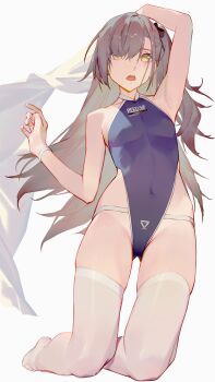 1girl absurdres alternate_costume arm_up armpits black_bow bow brown_hair clothes_writing commentary girls&#039;_frontline hair_bow highres kneeling looking_at_viewer one-piece_swimsuit one_side_up open_mouth purple_one-piece_swimsuit ren_huozhe scar scar_across_eye scar_on_face simple_background solo swimsuit teeth thighhighs ump45_(girls&#039;_frontline) upper_teeth_only white_background white_thighhighs yellow_eyes