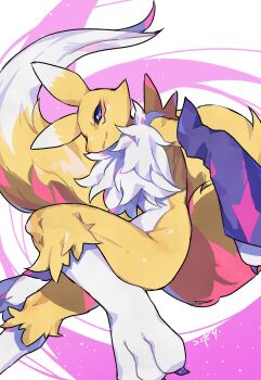 Rule 34 | black sclera, body fur, closed mouth, colored sclera, digimon, digimon (creature), highres, kitsune, kokodari, looking at viewer, purple background, purple eyes, renamon, simple background, smile, solo, white background, yellow fur