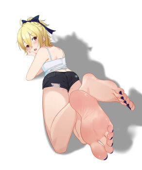 Rule 34 | 1girl, absurdres, ass, barefoot, blonde hair, blush, feet, felt (re:zero), highres, looking at viewer, looking back, lying, medium hair, nanase young, on stomach, open mouth, re:zero kara hajimeru isekai seikatsu, red eyes, short shorts, shorts, soles, toes, white background