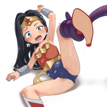 1girl absurdres aged_down arm_up armpits black_hair blue_eyes blush bound bound_ankles bound_legs bracer dc_comics ear_blush earrings foot_out_of_frame headpiece highres jewelry lasso lasso_of_truth leg_lift leg_up leotard loli long_hair onion_(tamanegi) paid_reward_available scared solo spread_legs star_(symbol) star_earrings strapless strapless_leotard sweat tentacles wonder_woman wonder_woman_(series)