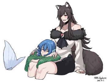 2girls animal_ears bare_shoulders blue_hair brown_hair commentary_request dress drill_hair fur-trimmed_dress fur_trim hair_over_one_eye highres hyoutukiko imaizumi_kagerou long_hair multiple_girls red_eyes touhou wakasagihime white_background wolf_ears wolf_girl yuri