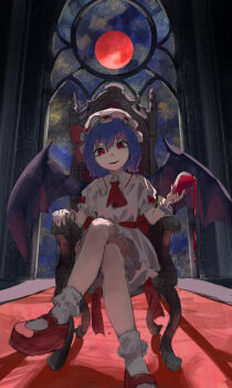 1girl absurdres ambiguous_red_liquid ascot bat_wings blood bobby_socks collar crossed_legs cup dress frilled_collar frilled_sleeves frills full_moon highres hit0li111 holding holding_cup looking_at_viewer moon parted_lips puffy_short_sleeves puffy_sleeves purple_hair red_ascot red_carpet red_eyes red_moon red_shoes remilia_scarlet shoes short_hair short_sleeves sitting smile socks solo spill throne touhou white_dress white_socks wings
