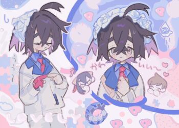 1girl 2boys :&lt; black_hair blue_shirt blush carmine_(pokemon) castform castform_(rainy) clamperl closed_eyes closed_mouth collared_shirt crossed_bangs florian_(pokemon) gen_3_pokemon hair_between_eyes hairband index_fingers_together jacket kieran_(pokemon) lolita_hairband long_sleeves luvdisc male_focus multicolored_hair multiple_boys multiple_views musical_note necktie nintendo omochimonyu pokemon pokemon_(creature) pokemon_sv purple_hair red_necktie shirt shorts spoken_musical_note sweat white_jacket white_shorts