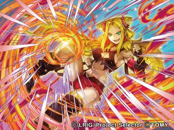 1girl black_gloves black_leg_warmers black_tube_top blonde_hair breasts cleavage cleavage_cutout clothing_cutout copyright_notice double_bun fingerless_gloves gloves green_eyes hair_bun layla_(wixoss) leg_warmers long_hair looking_at_viewer medium_breasts moreshan official_art open_mouth red_shorts short_shorts shorts smile solo strapless tube_top twintails wixoss