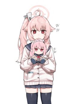 1girl a_(mitei7926) ahoge black_thighhighs blue_archive commentary_request cowboy_shot expressionless fumo_(doll) hair_ornament halo highres holding holding_stuffed_toy long_hair long_sleeves looking_at_viewer natsu_(blue_archive) pink_hair pink_halo pleated_skirt red_eyes sailor_collar school_uniform side_ponytail simple_background skirt solo standing stuffed_animal stuffed_toy thighhighs white_background zettai_ryouiki