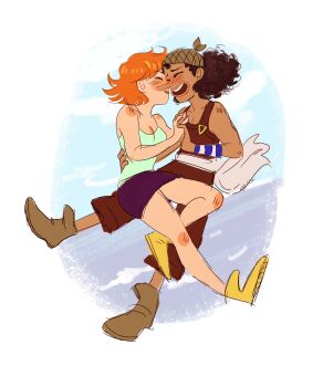 1boy 1girl about_to_kiss bandana black_hair blush breasts cleavage closed_eyes grin long_nose looking_at_another nami_(one_piece) one_piece orange_hair overalls sitting sitting_on_lap sitting_on_person skirt smile usopp