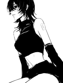 1girl bare_shoulders breasts cowboy_shot cropped_shirt detached_sleeves from_side gauze gauze_on_arm greyscale highres looking_ahead medium_breasts medium_hair midriff monochrome original parted_bangs parted_lips shirt short_shorts shorts simple_background sitting sketch sleeveless sleeveless_shirt solo teeniika turtleneck turtleneck_shirt white_background