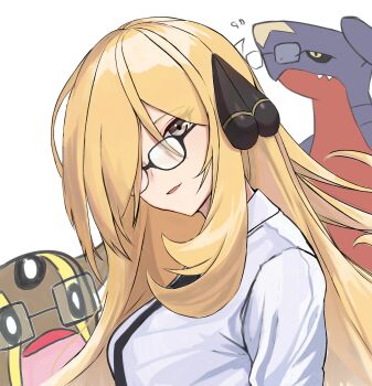 1girl absurdres alternate_costume black_necktie blonde_hair breasts collared_shirt commentary cynthia_(pokemon) dragon english_commentary eyes_visible_through_hair garchomp gastrodon gastrodon_(west) gen_4_pokemon glasses grey_eyes hair_ornament highres long_hair long_sleeves looking_at_viewer necktie nintendo pokemon pokemon_diamond/pearl/platinum sevenninet47503 shark sharp_teeth shirt slug smile solo_focus teeth upper_body very_long_hair white_background white_shirt