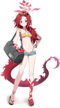 Rule 34 | 1girl, absurdres, bag, bare shoulders, bikini, black bag, black horns, blue archive, blue shorts, breasts, closed mouth, collarbone, colored extremities, criss-cross halter, dragon girl, dragon tail, flip-flops, frown, full body, halo, halterneck, hand on own hip, highres, horns, long hair, looking at viewer, micro shorts, navel, nemoga, o-ring, o-ring top, official alternate costume, official art, orange bikini, peanut mouth, red eyes, red feet, red hair, red halo, red hands, renge (blue archive), renge (swimsuit) (blue archive), sandals, shorts, shoulder bag, single horn, small breasts, smile, solo, standing, stomach, swimsuit, tachi-e, tail, toenails