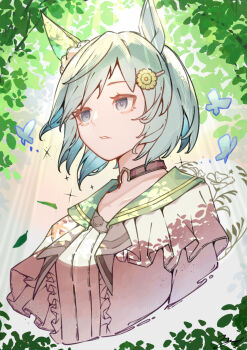 1girl animal_ears blue_eyes brown_choker bug butterfly choker commentary_request cropped_torso ear_covers flower green_sailor_collar grey_hair hair_flower hair_ornament hairclip highres horse_ears horse_girl insect parted_lips sailor_collar seiun_sky_(reeling_in_the_big_one)_(umamusume) seiun_sky_(umamusume) shikahisa_totani shirt short_hair single_ear_cover solo sunflower sunflower_hair_ornament umamusume white_shirt
