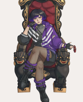 Rule 34 | 1girl, black and purple hair, boots, crossed legs, fingerless gloves, gloves, jacket, namco, purple eyes, reina (tekken), shorts, sitting, solo, tekken, tekken 8, throne, watamelon