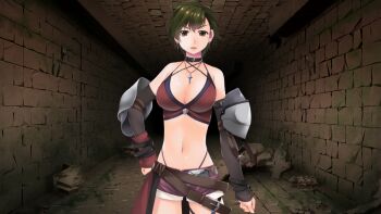 1girl atelier-moo bare_shoulders belt belt_collar bikini bikini_top_only breasts brick_floor brick_wall brown_belt brown_eyes cleavage clenched_hands collar cowboy_shot detached_sleeves dungeon elbow_gauntlets game_cg green_hair hand_on_own_hip highres huge_breasts jewelry moss navel necklace non-web_source open_mouth our_battle_has_just_begun! purple_shorts rock short_hair short_shorts shorts standing swimsuit taylor_(our_battle_has_just_begun!) v-shaped_eyebrows
