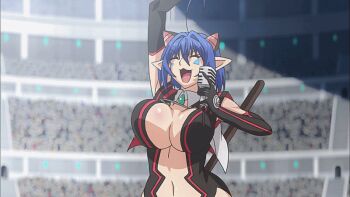 10s 1girl animal_ears animated animated_gif announcer arena black_gloves black_leotard blue_hair bouncing_breasts breasts cat_demon_girl_(shinmai_maou_no_testament_burst) cleavage cleavage_cutout clothing_cutout crowd curvy disappear female_focus gloves highleg highleg_leotard hip_focus holding holding_microphone huge_breasts leotard magic microphone navel no_bra screencap shinmai_maou_no_testament shiny_skin short_hair smile solo stadium tail talking vanish vanishing