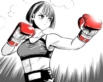 Rule 34 | 1girl, abs, bob cut, boxing, boxing gloves, boxing shorts, breasts, commentary request, fighting stance, frown, gloves, greyscale, hatching (texture), highres, lee (dragon garou), monochrome, original, red gloves, serious, short hair, shorts, small breasts, solo, spot color, toned, toned female, v-shaped eyebrows