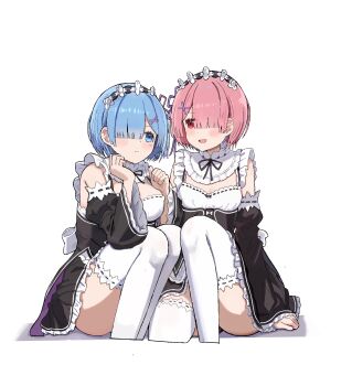 2girls black_sleeves blue_hair blush breasts closed_mouth commentary_request detached_sleeves frilled_sleeves frills hair_over_one_eye highres looking_at_another multiple_girls one_eye_covered open_mouth pink_hair puteme ram_(re:zero) re:zero_kara_hajimeru_isekai_seikatsu rem_(re:zero) short_hair simple_background sitting thighhighs thighs white_background white_thighhighs