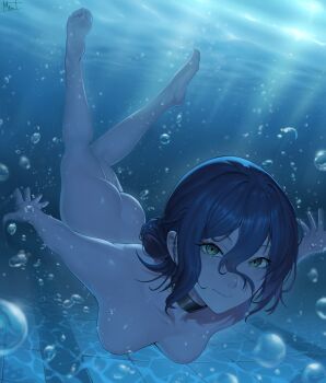 1girl absurdres air_bubble arms_at_sides ass barefoot black_choker black_hair breasts bubble chainsaw_man choker closed_mouth collarbone commentary completely_nude english_commentary feet full_body green_eyes hair_bun highres looking_at_viewer magdalenus27 medium_breasts nude reze_(chainsaw_man) short_hair signature soles solo submerged swimming tile_floor tiles toes underwater