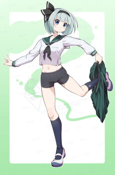1girl :/ alternate_costume artist_name bike_shorts black_hairband black_neckerchief black_shorts black_socks blue_eyes closed_mouth commentary_request crop_top futa_(nabezoko) green_sailor_collar green_skirt grey_hair groin hairband highres hitodama holding holding_unworn_clothes holding_unworn_skirt kneehighs konpaku_youmu konpaku_youmu_(ghost) long_sleeves looking_at_viewer midriff navel neckerchief sailor_collar sailor_shirt school_uniform shirt shoes short_hair shorts skirt socks solo standing standing_on_one_leg touhou undressing unworn_skirt uwabaki watermark white_shirt white_shoes