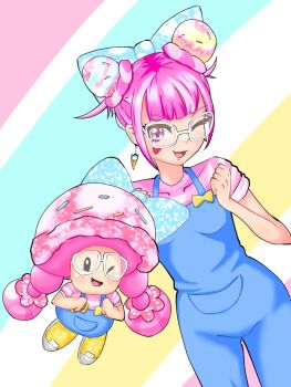 2girls breasts crossover facial_mark fire_emblem fire_emblem_engage folded_twintails glasses heart heart_facial_mark highres hortensia_(fire_emblem) looking_at_viewer luigi_von_mario mario_(series) mario_kart mario_kart_world multiple_girls nintendo pink_hair small_breasts toadette