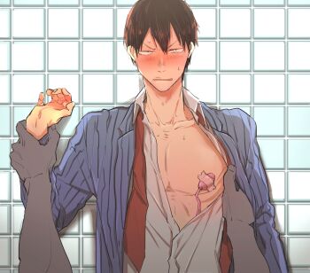 2boys adam&#039;s_apple against_wall arakita_yasutomo arm_at_side bare_pectorals black_hair blazer blue_jacket blush clothes_pull collarbone collared_shirt egg_vibrator eyelashes furrowed_brow hair_between_eyes highres holding_another&#039;s_wrist jacket long_sleeves looking_at_viewer male_focus multiple_boys necktie nipple_stimulation nose_blush open_mouth partially_unbuttoned pectorals pinstripe_jacket pinstripe_pattern pov pov_hands pulling_another&#039;s_clothes rectangular_mouth red_necktie ribs school_uniform sex_toy shadow shirt shirt_pull short_hair small_pupils solo_focus straight-on sweat takako_(katakoto) tape tile_wall tiles undone_necktie upper_body v-shaped_eyebrows vibrator vibrator_on_nipple white_shirt yaoi yowamushi_pedal