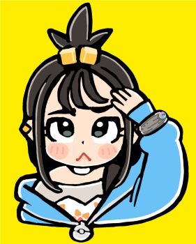 1girl :&lt; bkub black_hair blue_jacket blush_stickers closed_mouth cropped_torso cube_hair_ornament green_eyes grey_shirt hair_ornament hand_up highres jacket lida_(pokemon) long_hair long_sleeves nintendo pokemon pokemon_legends:_z-a shirt simple_background solo topknot upturned_eyes yellow_background
