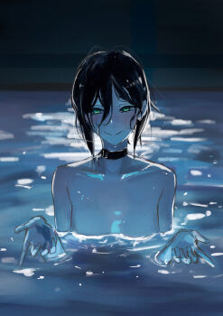 1girl absurdres beckoning black_choker black_hair blush bobamilkteasan chainsaw_man choker collarbone commentary green_eyes hair_between_eyes highres looking_at_viewer partially_submerged pool reze_(chainsaw_man) smile solo upper_body