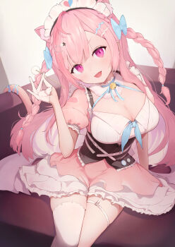 1girl absurdres ahoge animal_ears animal_print arm_support badge bell belt black_corset blue_bow blue_ribbon blush bow braid breasts button_badge cat_ears cat_girl cat_hair_ornament cat_print cat_tail cleavage commentary corset dress extra_ears frilled_corset frills garter_straps gloves hair_bow hair_ornament hairclip heart heart_print highres holding indie_virtual_youtuber jingle_bell large_breasts long_hair looking_at_viewer maid maid_headdress mimikaki neck_bell neck_ribbon open_mouth pink_dress pink_eyes pink_hair pink_tail ribbon short_sleeves single_garter_strap single_thighhigh sitting smile solo star_(symbol) star_hair_ornament suspenders tail tail_ornament tail_ribbon thigh_belt thigh_strap thighhighs thighs two_side_up ushi_miruki virtual_youtuber white_belt white_dress white_garter_straps white_gloves white_thighhighs yuuki_sakuna yuuki_sakuna_(3rd_costume)