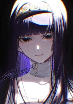 1girl black_background black_eyes black_hair blunt_bangs chromatic_aberration collarbone commentary dress eyelashes film_grain glowing gnosia hair_over_shoulder hairband hime_cut long_hair looking_at_viewer lu_lamup signature solo straight_hair upper_body white_dress white_eyes yuriko_(gnosia)