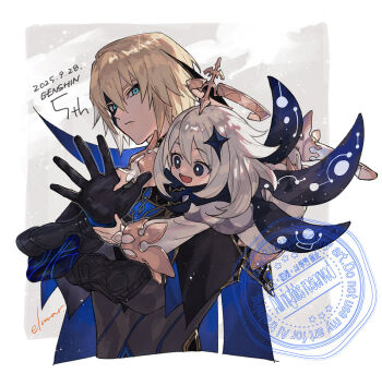 1boy 1girl :d artist_name black_cape black_eyes black_gloves black_jacket blonde_hair blue_cape blue_eyes boots border bright_pupils cape closed_mouth collared_cape commentary_request copyright_name dainsleif_(genshin_impact) dated elmar eye_mask eyelashes frown genshin_impact gloves gold_trim hair_between_eyes hair_ornament half_eye_mask half_mask halo hand_grab hand_up high_collar jacket long_sleeves looking_at_viewer mask medium_hair mystical_high_collar open_mouth outside_border paimon_(genshin_impact) puffy_long_sleeves puffy_sleeves romper serious short_hair signature smile star_(symbol) star_hair_ornament two-sided_cape two-sided_fabric vambraces watermark white_boots white_border white_hair white_pupils white_romper